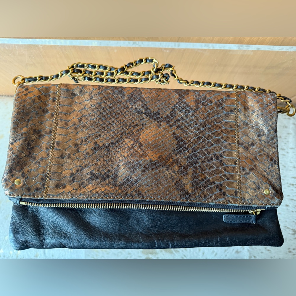 Chic Pre-Loved Bronze and Black Snake Print Leather Club Monaco Clutch